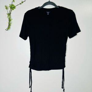 Buffalo David Bitton Black Mini Rib Side String Ruching Crop Tee Shirt